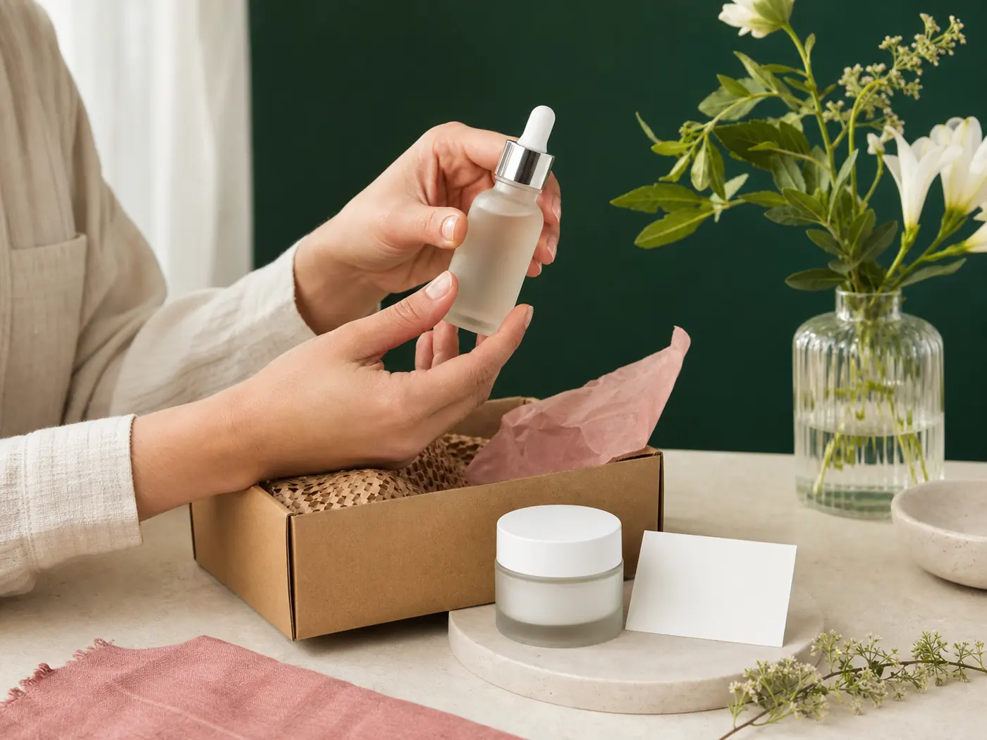 A skincare product being carefully inspected and prepared for delivery